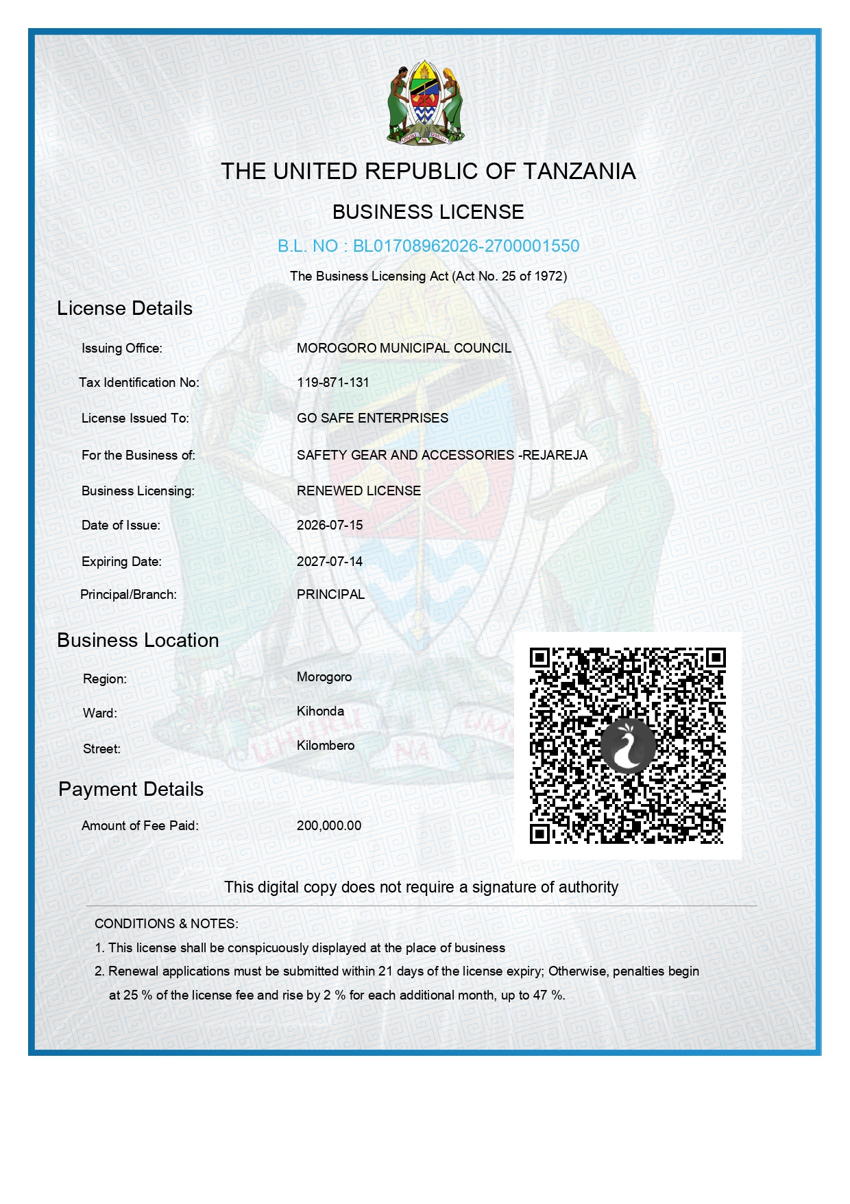 Business Licence — Safety Gear