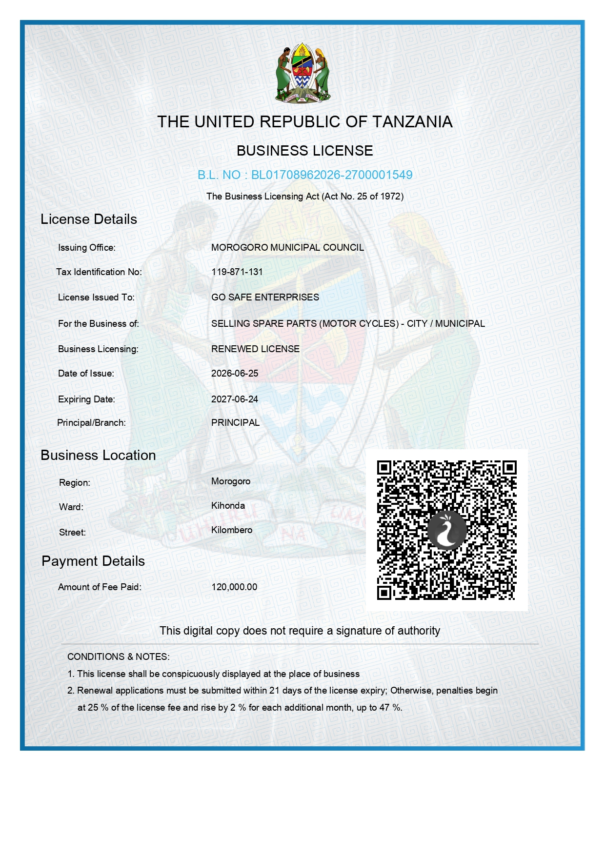 Business Licence — Spare Parts