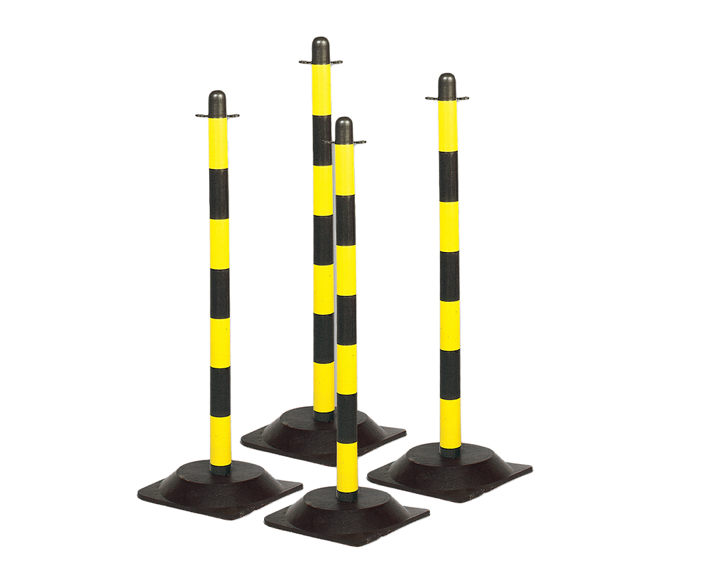 Brady Premium Industrial Safety Post and Weighted Rubber Base Set (High-Visibility Yellow & Black Warning Barrier - 4 Pack)