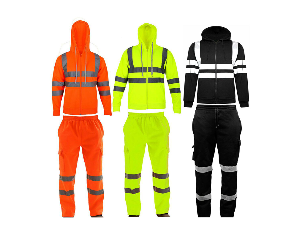 Premium Hi-Visibility Safety Workwear Set (Heavy-Duty Reflective Jogging Bottoms Pants & Matching Fleece Hoodie Top Kit)